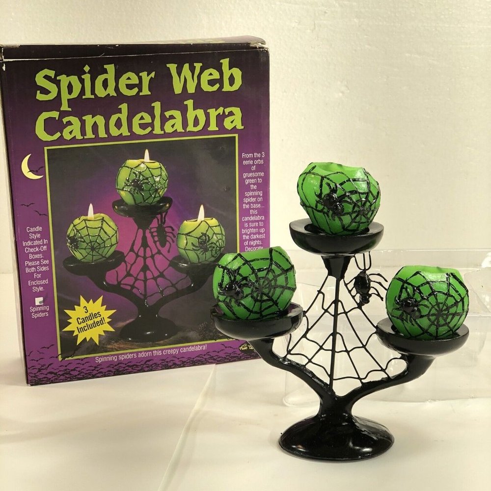 Fun World Halloween Jack O' Lanterns Spider Web Candelabra Candle Holder Green